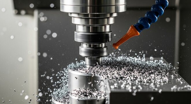 Precision metal machining process with high-speed spindle cutting metal parts, showcasing industrial manufacturing technology