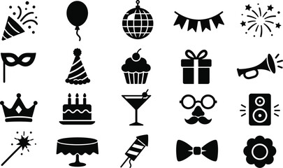 Naklejka premium Party themed flat icons collection featuring balloons confetti and celebratory objects on a white background
