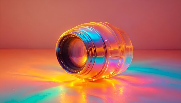 Elegant orange gradient background, featuring Glass lens rests on glowing surface, with smooth