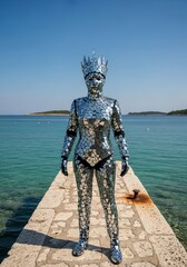 Fototapeta premium Person in a Full Body Mirror Suit and Crown Standing on a Stone Pier by the Turquoise Sea Under a Clear Blue Sky