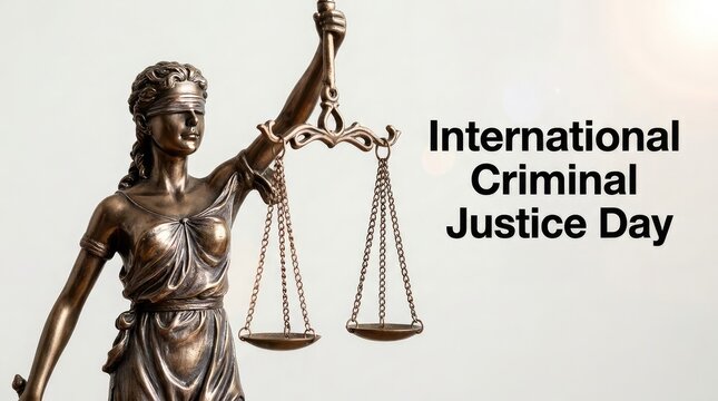 International Criminal Justice Day card banner featuring a close up of the blindfolded Lady Justice statue