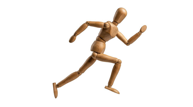 Wooden artist mannequin in motion during a dynamic sprint against a clean backdrop isolated on transparent background