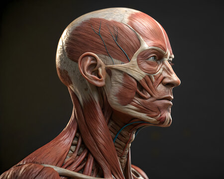 Digital anatomical illustration of human head muscles