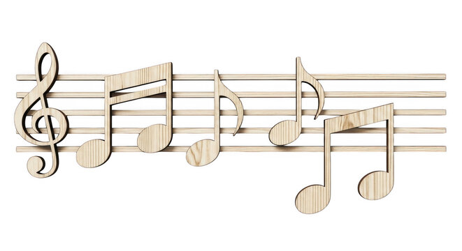 Wooden musical notes on staves during bright studio lighting for educational concepts isolated on transparent background
