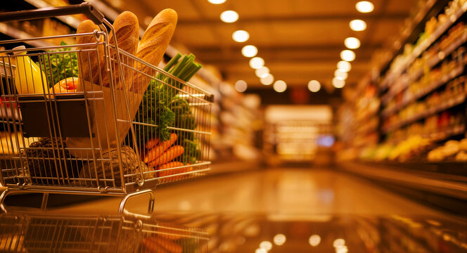Shopping cart filled with fresh groceries in a supermarket aisle. Close-up of bread and vegetables in a retail store. Healthy lifestyle concept, ideal for grocery marketing and retail ads.