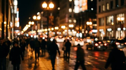 Obraz premium Blurred urban street scene at night with numerous people walking, illuminated by the soft glow of city lights and reflections on wet pavement