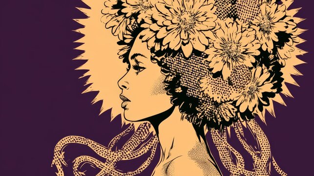 Woman Profile with Comic Halftone Daisy Hair