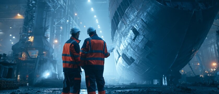 Shipyard Workers Examining Technical Drawings Beside Massive Ship Hull