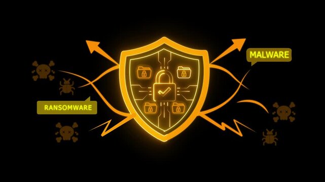 Businessman shield protecting files and folders from Ransomware, Malware, and bugs. Concept of cybersecurity, anti-virus, secure technology cyber threat, server cloud security web safety, 4k video.
