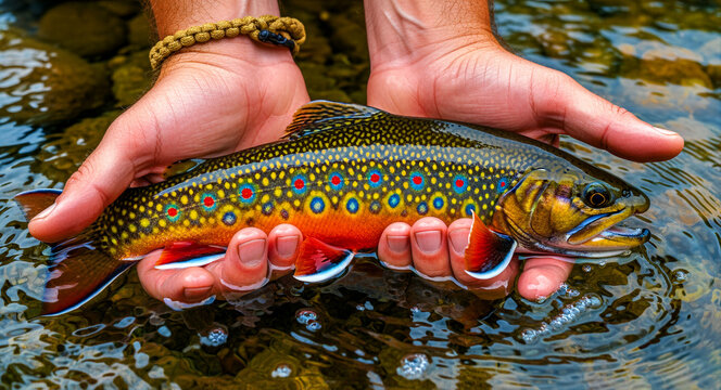 Fisherman holding a vibrant wild brook trout in hands over a clear river. Angler showcasing a colorful catch with red spots and golden patterns. Catch and release concept for outdoor marketing.