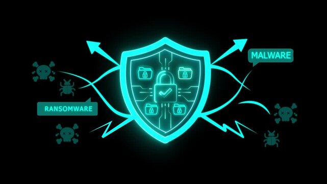Businessman shield protecting files and folders from Ransomware, Malware, and bugs. Concept of cybersecurity, anti-virus, secure technology cyber threat, server cloud security web safety, 4k video.