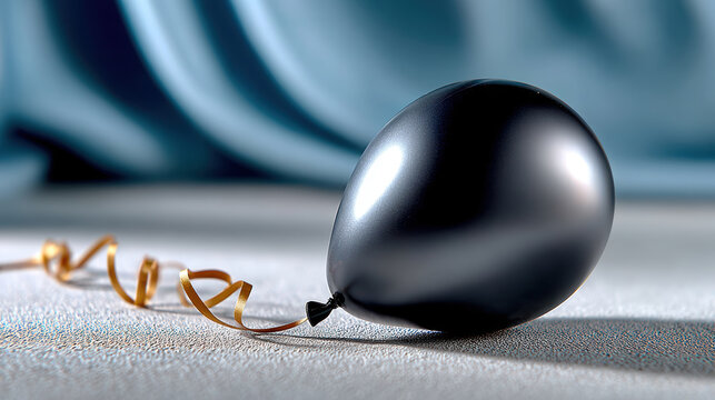 Single black balloon with gold ribbon on textured surface for minimal still life background and banner use
