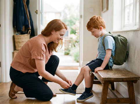 Mother helping her young son put on his shoes before school on the first day of class at home