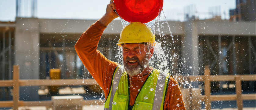 Construction worker pouring water over his head on a sunny site. Mature man in safety gear cooling down during intense summer heat. Heat stress prevention and relief concept.