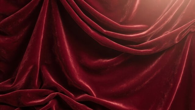 Rich crimson red velvet fabric cascades in soft flowing drapes that create rhythmic shadows while warm sunlight gently illuminates the plush textile surface to evoke a classic sense of luxury