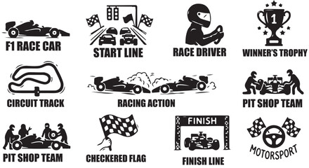 Obraz premium Formula One Racing Icons Set: Cars, Pit Team, Flags and Trophies