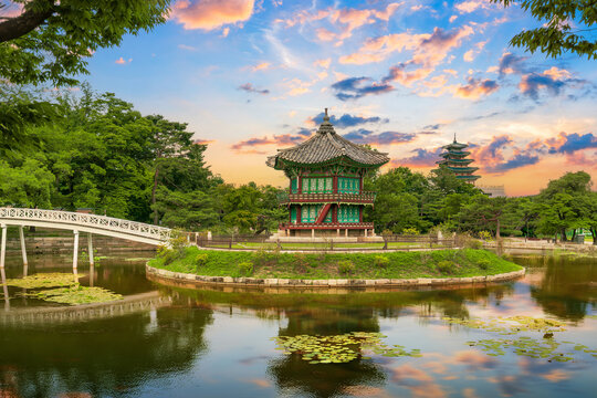 Hyangwonjeong Pavilion at center pond, Gyeongbokgung Palace during a beautiful sunset