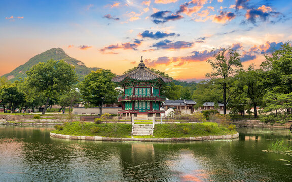 Hyangwonjeong Pavilion at center pond, Gyeongbokgung Palace during a beautiful sunset