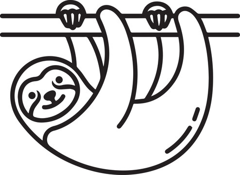 Minimalist sloth vector icon, cute hanging sloth illustration, simple black and white animal graphic, adorable jungle creature design element for web and print.
