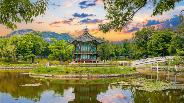 Hyangwonjeong Pavilion at center pond, Gyeongbokgung Palace during a beautiful sunset