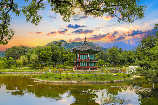 Hyangwonjeong Pavilion at center pond, Gyeongbokgung Palace during a beautiful sunset