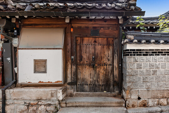 Traditional Korean hanok house rustic wooden door entrance