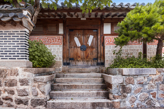 Traditional Korean hanok house wooden door entrance