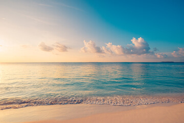 Fototapeta na wymiar Tranquil sea sunset beach, pastel sky, soft clouds, calm ocean horizon coast. Dreamy summer seascape, peaceful meditation background. Relaxing coastal evening wallpaper, serene nature scene shore