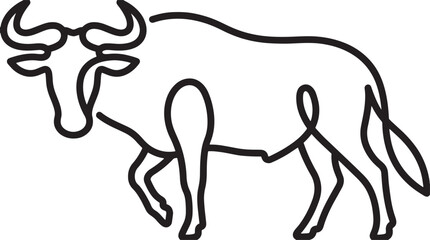 Minimalist wildebeest vector illustration, a single continuous line art drawing of a gnu, black and white animal icon for branding and safari designs © Khalid