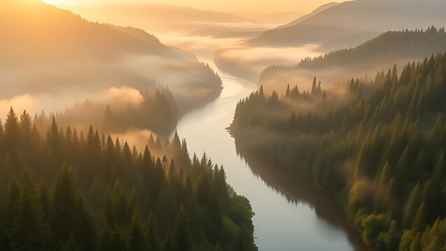 Willamette River winding through misty Oregon valley at sunrise.