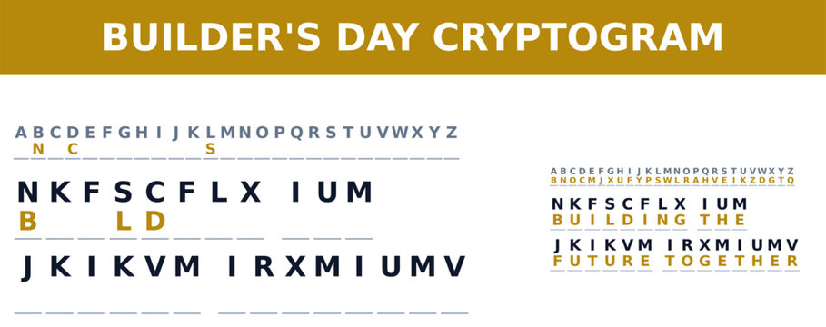 A visually engaging cryptogram titled "Builder's Day" showcasing letters, codes, and the phrase "Building the Future Together" in a unique design.  