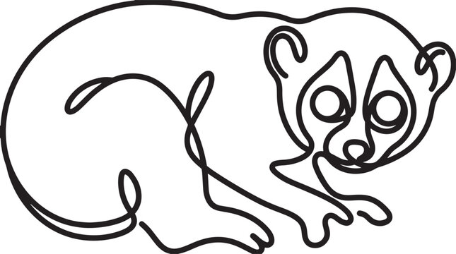 Minimalist slow loris vector illustration, continuous line art animal drawing, black and white wildlife graphic, simple primate design for logos and branding