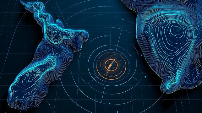 High tech mapping, HUD dashboard, volumetric terrain mesh, concentric radar