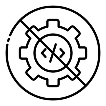 no code icon. gear with crossed out prohibition sign. codeless platform and automated workflow. software and simplicity