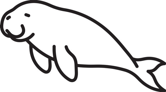Cute hand-drawn manatee vector illustration, simple black outline sea cow graphic, adorable marine mammal doodle art for children's designs and educational content