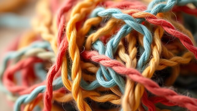 Close-up of colorful yarn being untangled from a complex knot.
