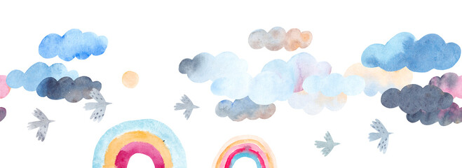 Watercolor sky. Cute clouds? rainbow and birds. © bukhavets