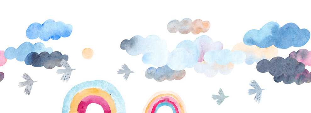 Watercolor sky. Cute clouds? rainbow and birds.