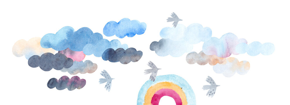 Watercolor sky. Cute clouds? rainbow and birds.
