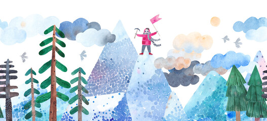 Ice mountains. Cute watercolor landscape. Сlimber on the top of a mountainю Horizontal seamless pattern. © bukhavets
