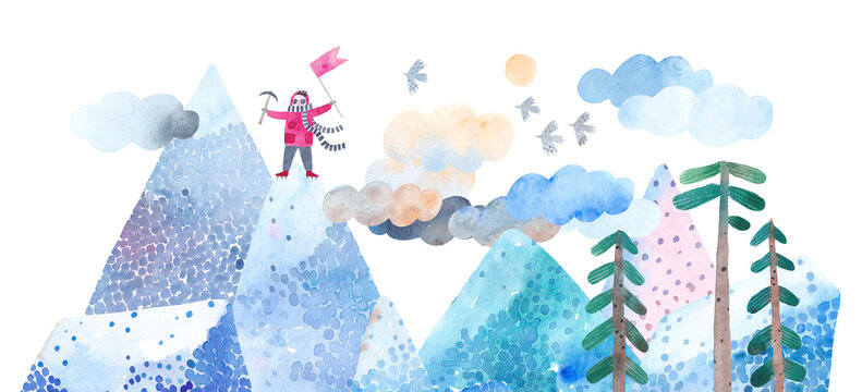 Ice mountains. Cute watercolor landscape. Сlimber on the top of a mountain. 