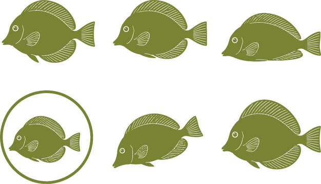 Yellow Tang Black Silhouette Icon Set Tropical Surgeonfish Vector Collection