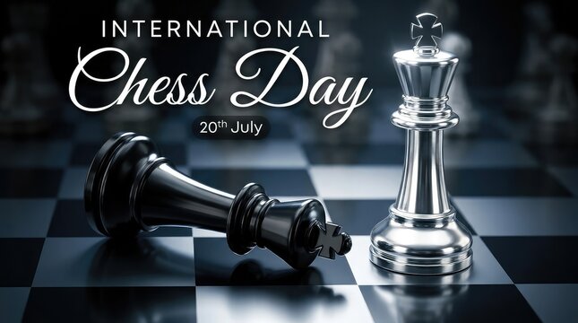 International Chess Day banner with shiny silver king piece standing next to fallen opponent on chessboard