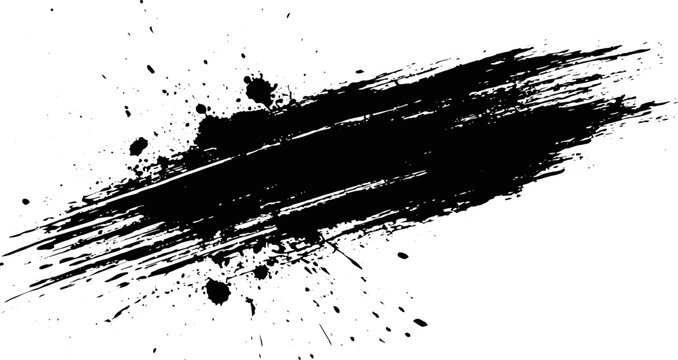 Abstract Black Brush Stroke Background Featuring Paint Splatters, Dry Ink Smears, Rough Grunge Texture, Clean White Copy Space, Modern Artistic Vector Design.