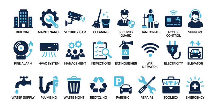 Building facility management and maintenance service icon set vector. Great for property administration dashboards security system UI commercial real estate infographics and smart office applications.