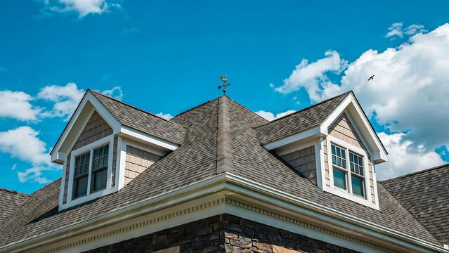 Modern suburban house roof with dormer windows under blue sky