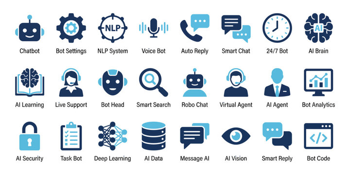 Virtual assistant and robotic automation UI UX icon set vector for modern software development. Great for customer service platforms artificial intelligence systems and neural network graphics.