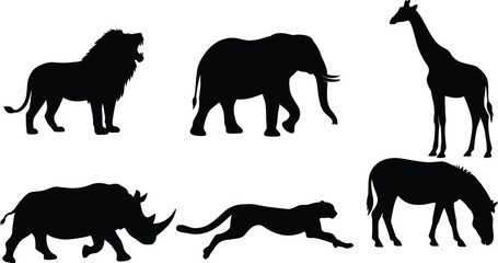 African Wildlife Animal Silhouette Collection Featuring Lion Elephant Giraffe Rhino Cheetah and Zebra Vector Set © MSTALIFNUR
