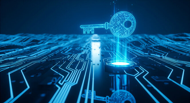 Glowing digital key floating above a blue circuit board background. Futuristic cyber security concept with illuminated motherboard path. Data protection theme for IT and encryption marketing.