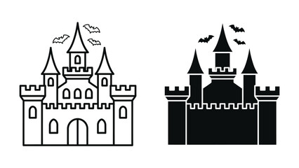 Spooky Castle Icons: Two stylized castle illustrations, one outlined and the other a solid silhouette, feature pointed turrets and flying bats, evoking a sense of Halloween mystery. © af